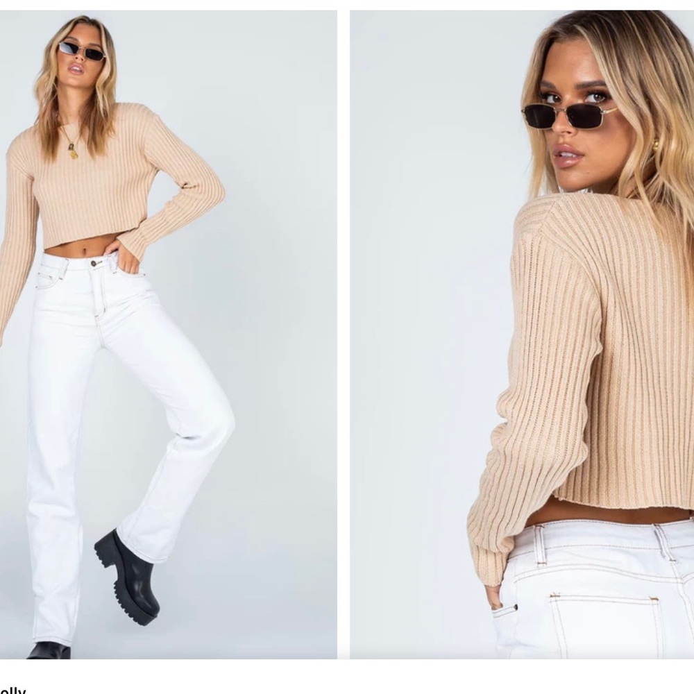 Princess Polly Beige Ribbed Cropped Sweater